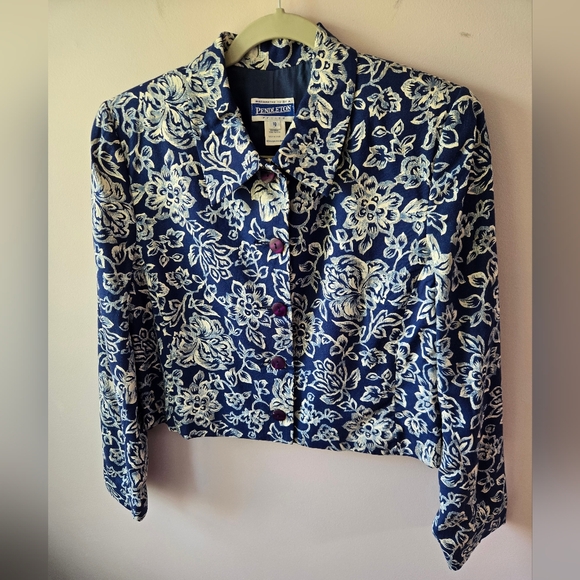 Pendleton Jackets & Blazers - Vintage Pendleton Petite Blue Floral Cropped Blazer Jacket Size 10 Rayon